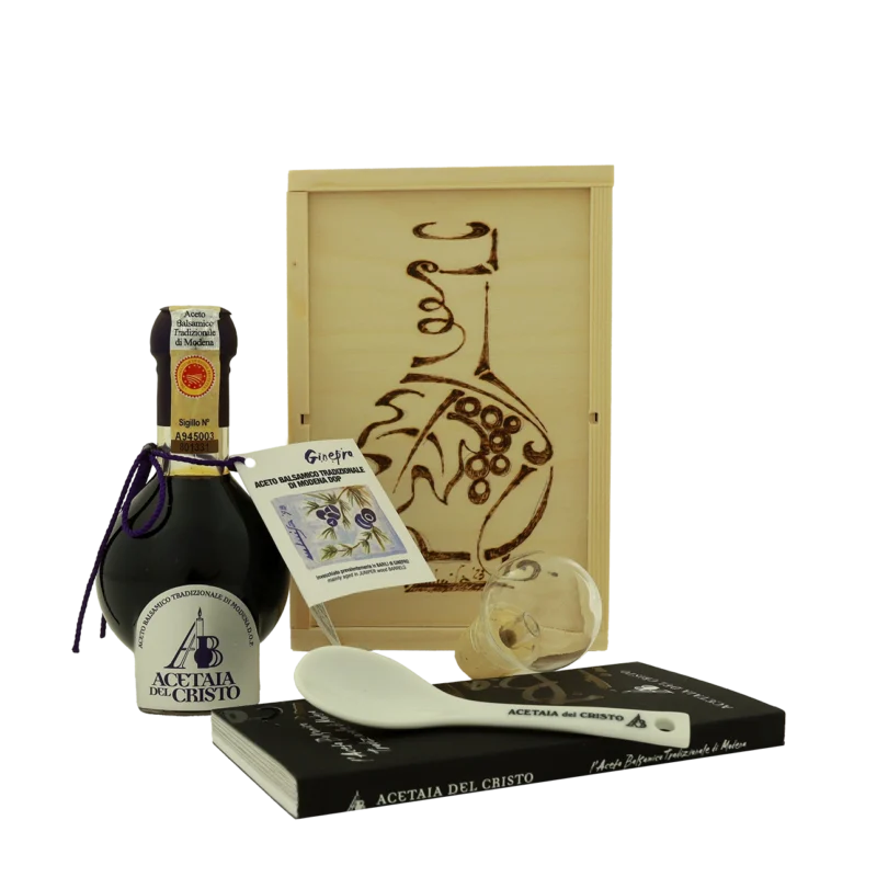 Confezione in legno di Aceto Balsamico Tradizionale di Modena DOP invecchiato in Ginepro