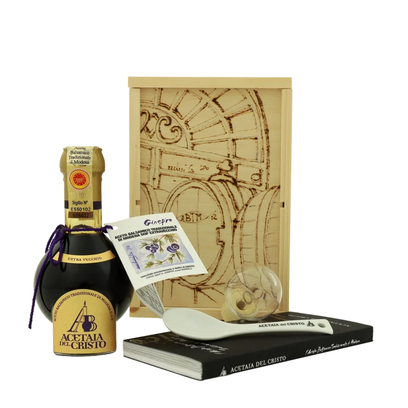 Confezione in legno di Aceto Balsamico Tradizionale di Modena DOP Extra Vecchio invecchiato in Ginepro